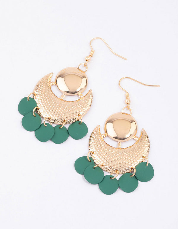 Green Stippled Multi Disc Drop Earrings