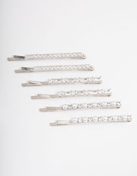 Silver Plated Cubic Zirconia Mixed Stone & Pearl Hair Clips 6-Pack - link has visual effect only