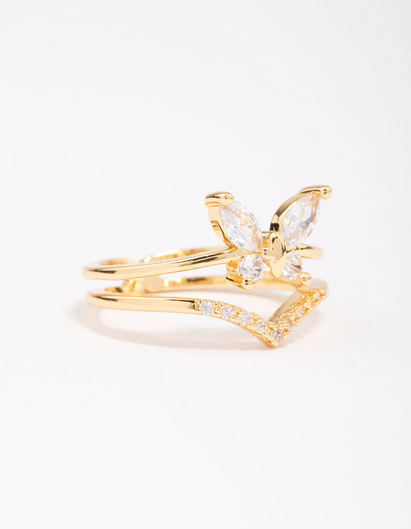 Gold Plated Cubic Zirconia Butterfly Double Band Ring