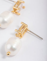 Gold Plated Cubic Zirconia Baguette & Freshwater Pearl Drop Earrings - link has visual effect only