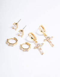 Gold Plated Baguette Cross Earrings Pack - link has visual effect only