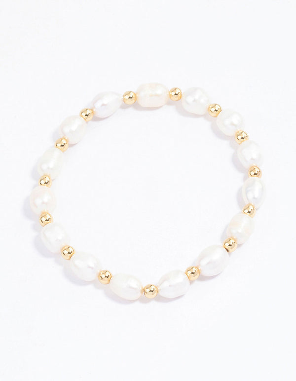 Gold Plated Beaded & Freshwater Pearl Stretch Bracelet