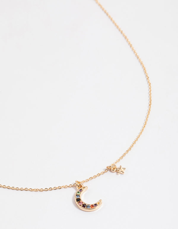 Gold Mixed Diamante Moon Pendant Necklace