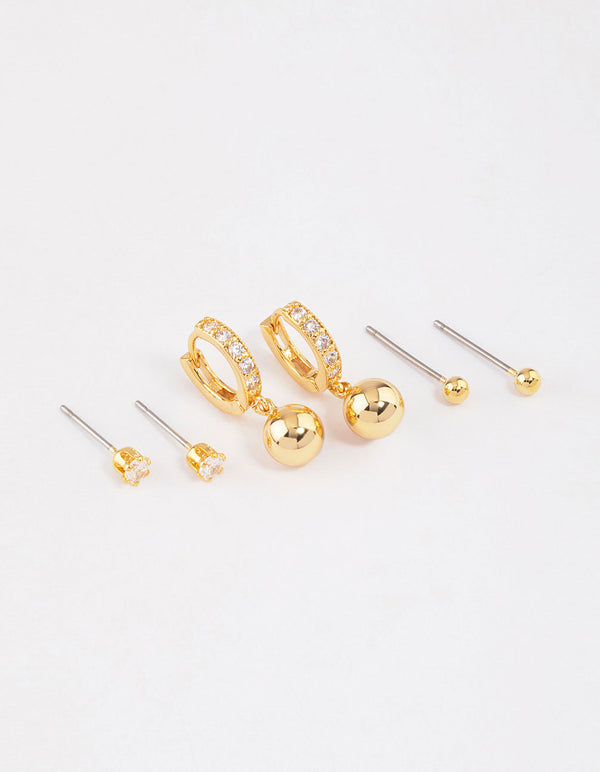 Gold Plated Cubic Zirconia Huggie Ball Earrings 6-Pack