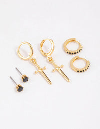 Gold Plated Cubic Zirconia Dagger Huggie Earrings Pack - link has visual effect only