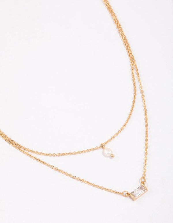 Gold Baguette Pearl Layered Necklace & Polishing Set