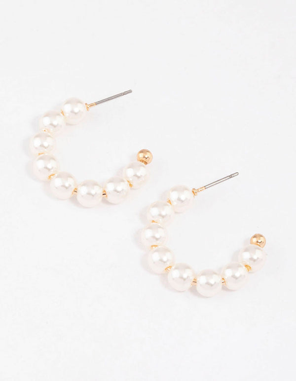 Gold Dainty Pearl Beaded Hoop Earrings