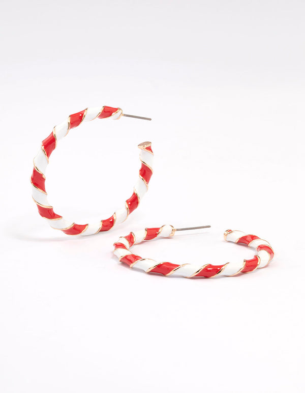 Red & White Enamel Christmas Hoop Earrings