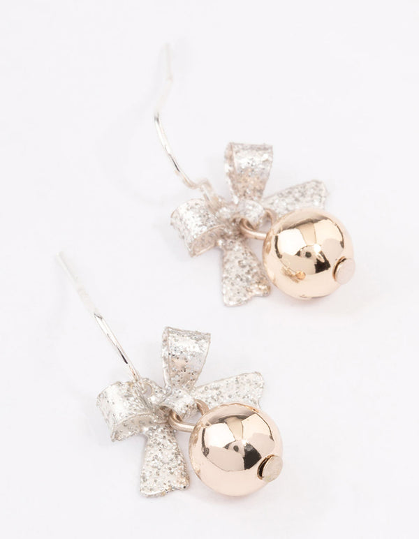 Silver Bow & Bell Christmas Drop Earrings