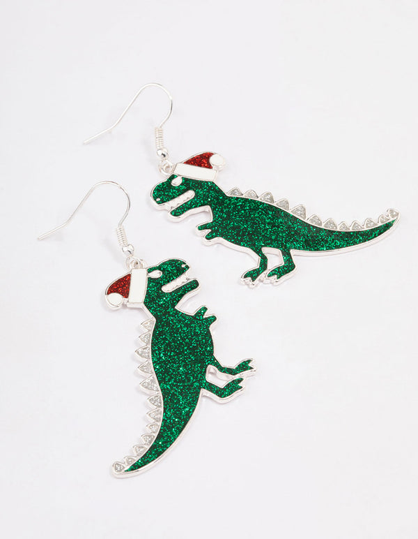 Silver & Green Dinosaur Christmas Drop Earrings