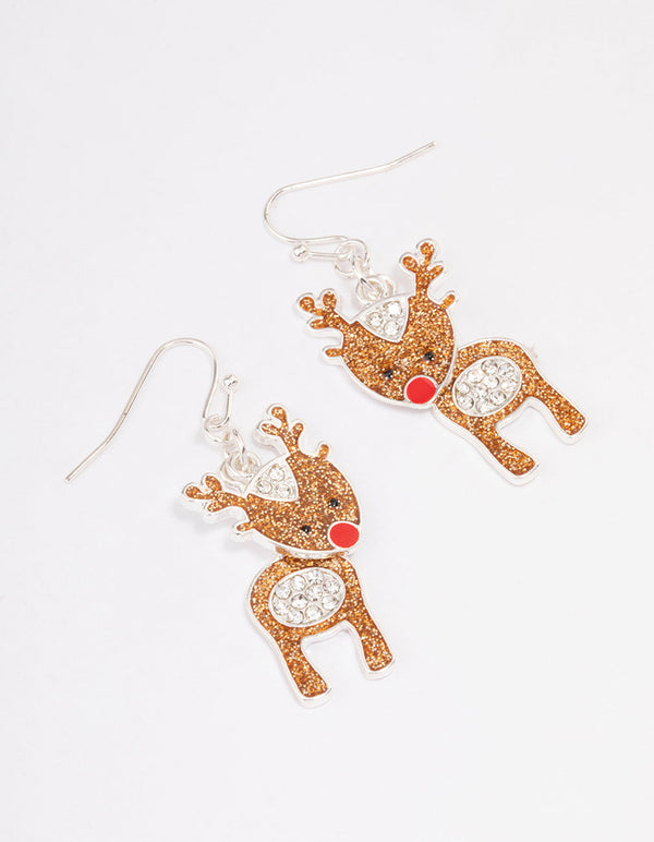 Silver Mini Glitter Reindeer Drop Earrings