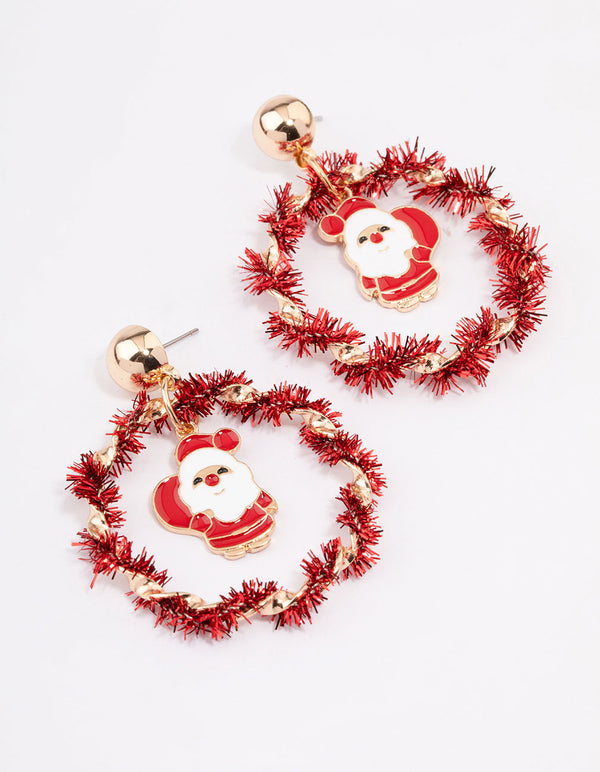 Red Tinsel & Santa Hoop Earrings