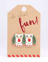 Gold Reindeer Ugly Sweater Christmas Drop Earrings - link has visual effect only