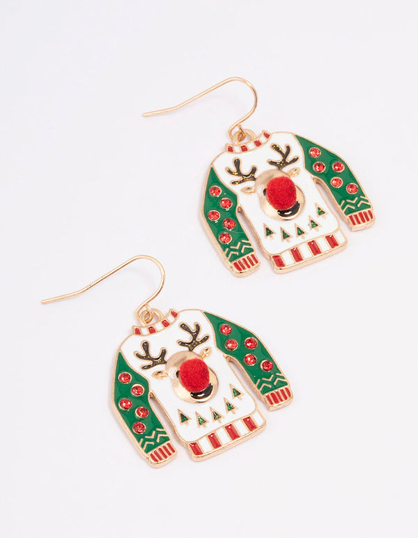 Gold Reindeer Ugly Sweater Christmas Drop Earrings