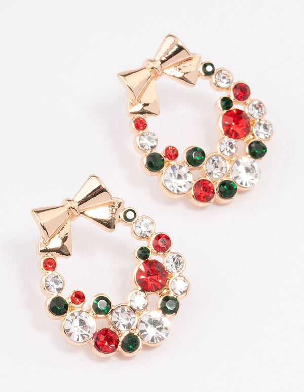 Green & Red Christmas Wreath Stud Earrings