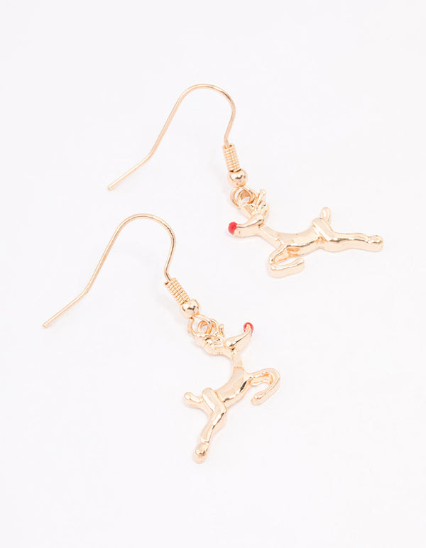 Gold Reindeer Enamel Drop Earrings