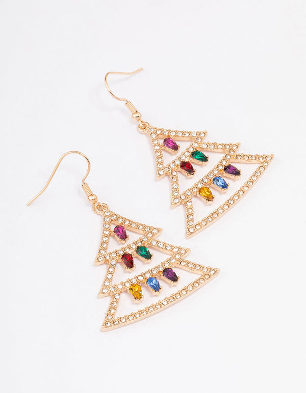 Gold Christmas Tree & Lights Drop Earrings