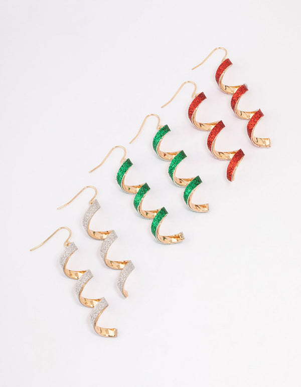 Gold Glitter Spiral Drop Earrings 3-Pack