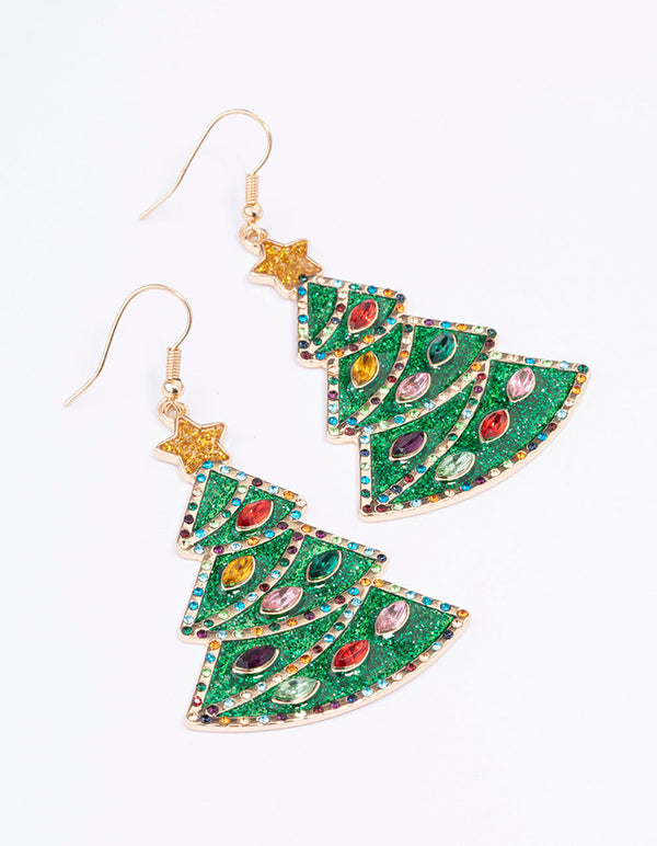 Gold Enamel Christmas Tree Drop Earrings