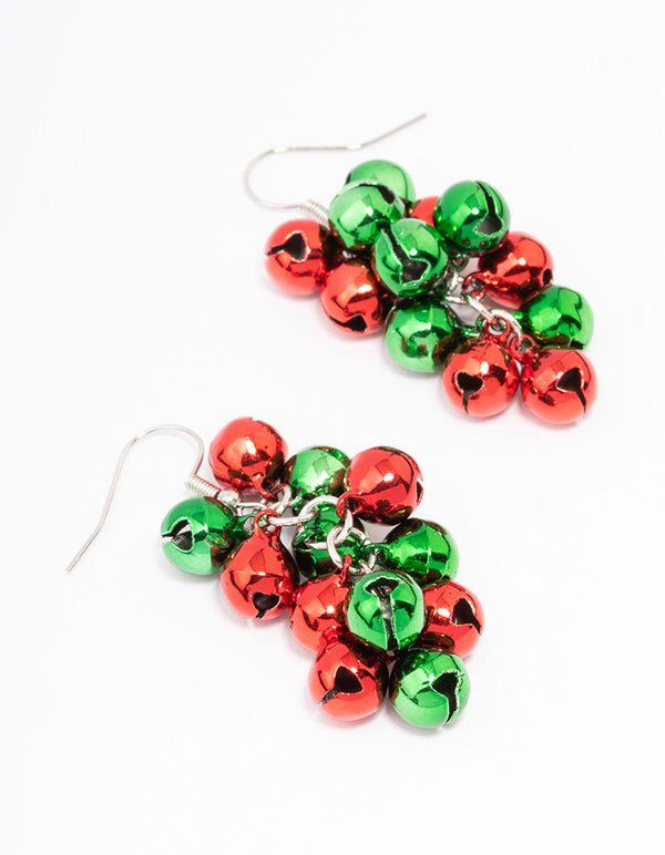 Rhodium Christmas Bells Cluster Drop Earrings