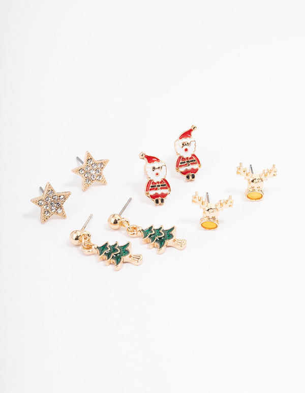 Gold Traditional Christmas Tree Stud Earrings 4-Pack