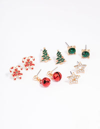 Gold Candy Cane & Christmas Tree Stud Earrings 5-Pack - link has visual effect only