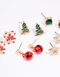 Gold Candy Cane & Christmas Tree Stud Earrings 5-Pack - link has visual effect only