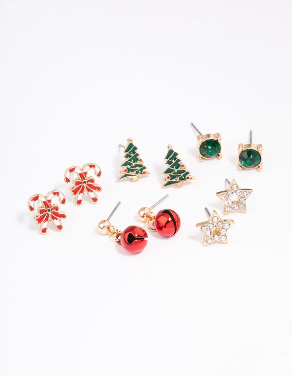 Gold Candy Cane & Christmas Tree Stud Earrings 5-Pack