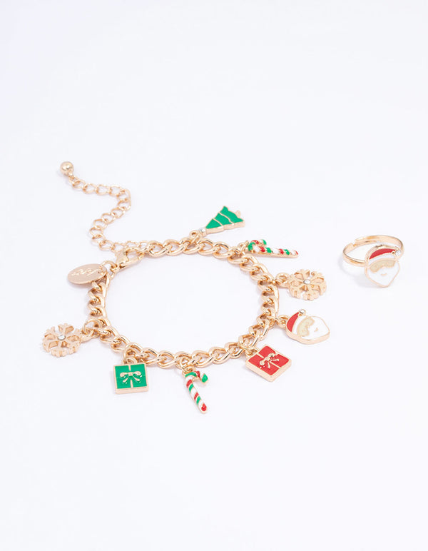 Gold Christmas Motif Bracelet & Ring Set