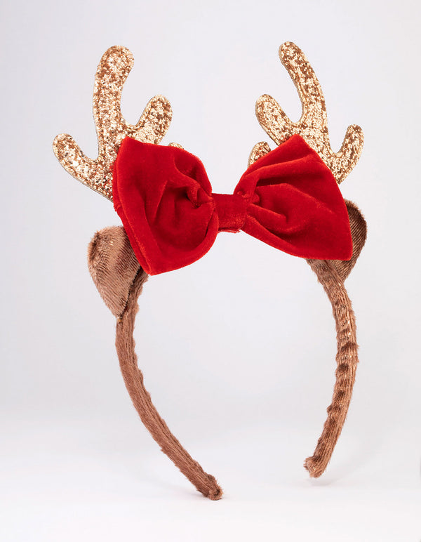 Fabric Glitter Reindeer Bow Headband