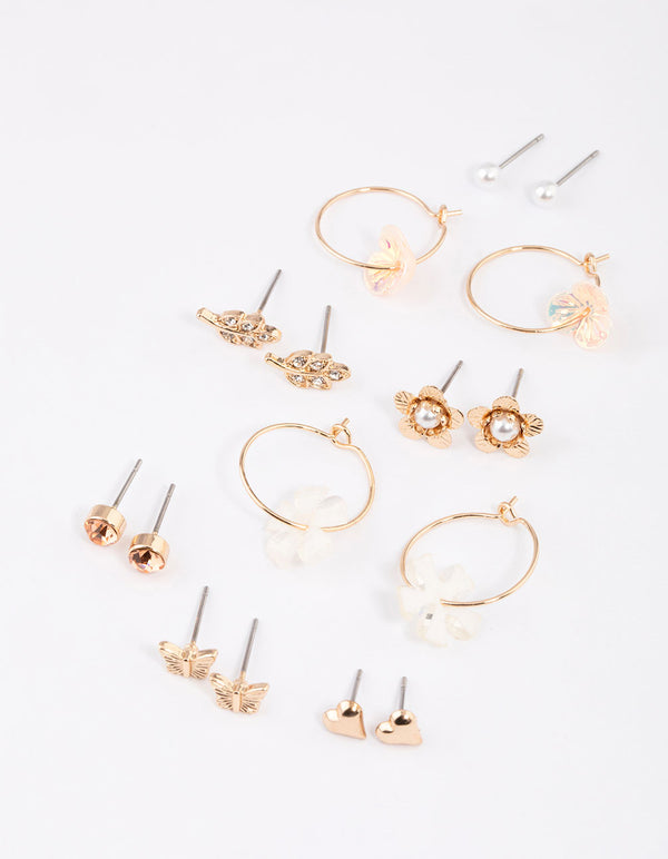 Gold Floral & Pearl Dainty Earrings 8-Pack