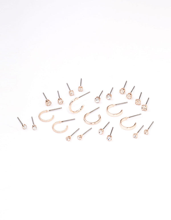 Rose Gold Diamante Stud & Hoop Earring 12-Pack