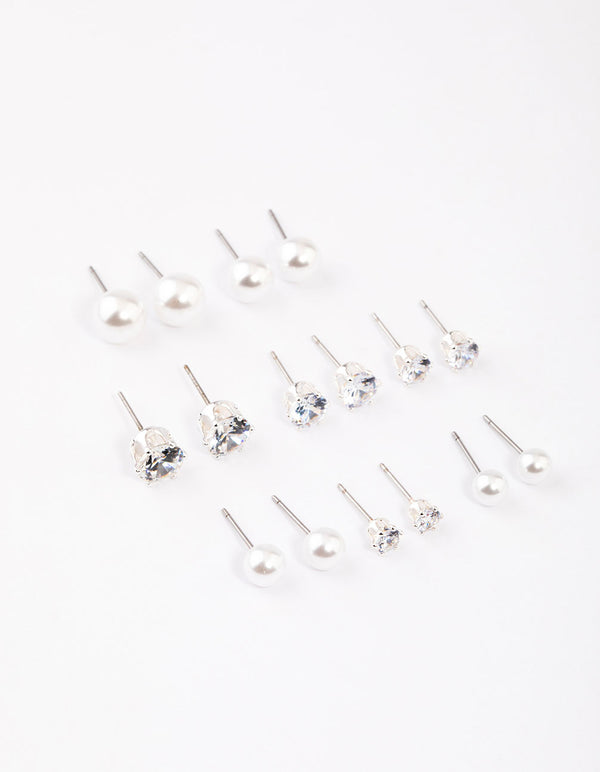 Silver Graduating Diamante & Pearl Earrings 8-Pack