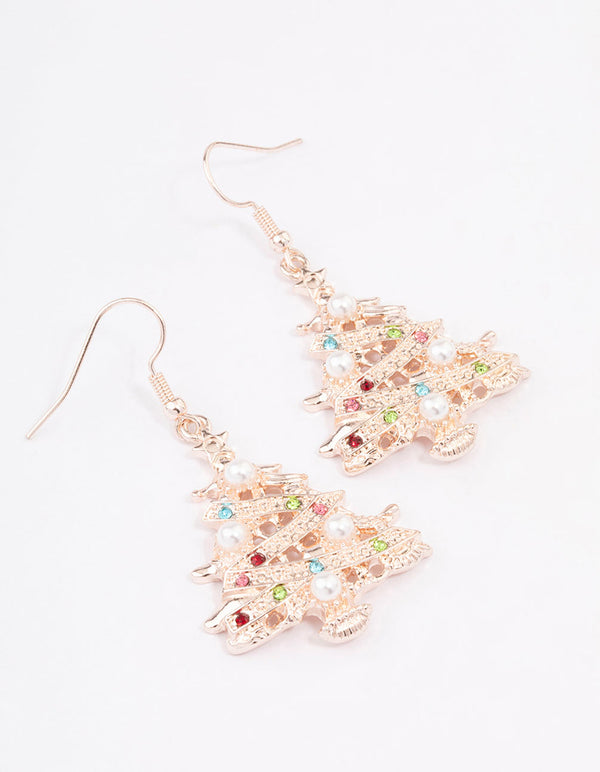 Rose Gold Pearl Christmas Tree Drop Earrings