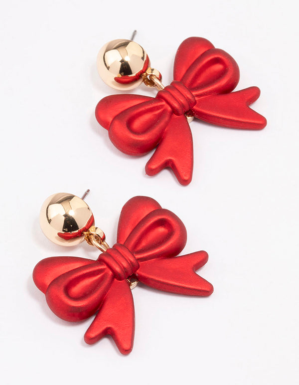 Red Iridescent Christmas Bow Drop Earrings