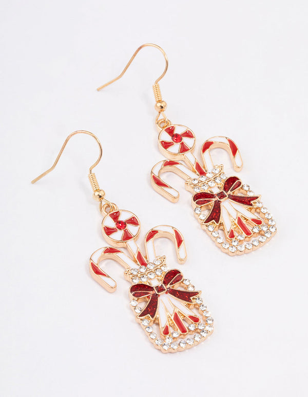 Gold Diamante Candy Cane Jar Drop Earrings