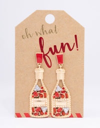 Gold Red Diamante Glitter Wine Bottle Drop Earrings - link has visual effect only