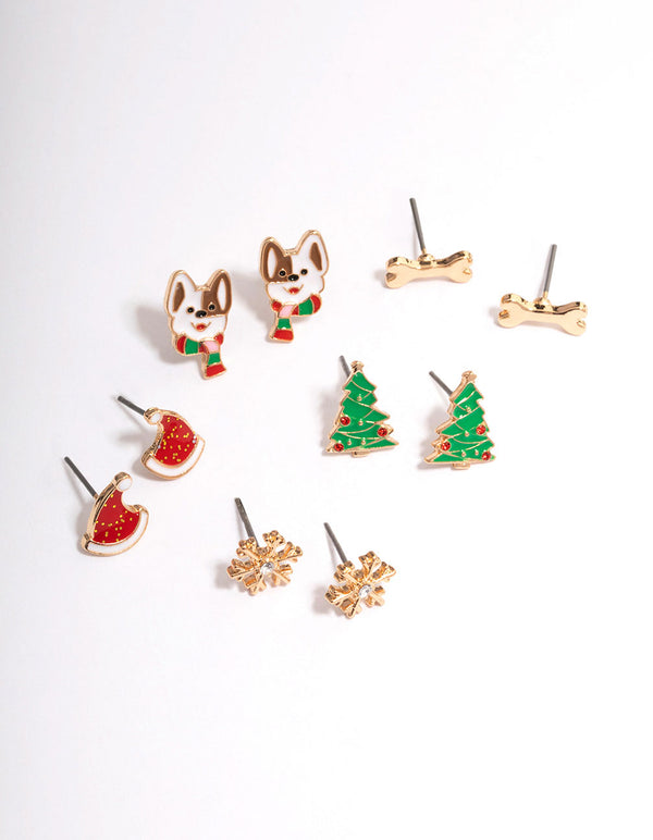 Gold Dog & Bone Christmas Stud Earrings 5-Pack