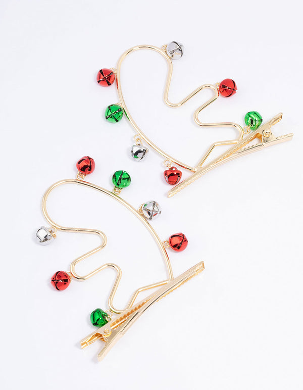 Gold Reindeer Bell Hair Clips