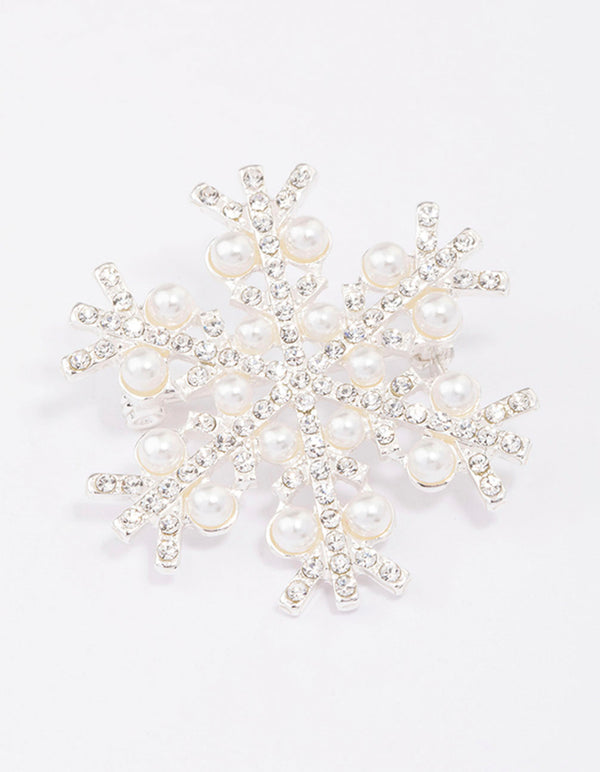 Silver Pearl Detailed Snowflake Brooch