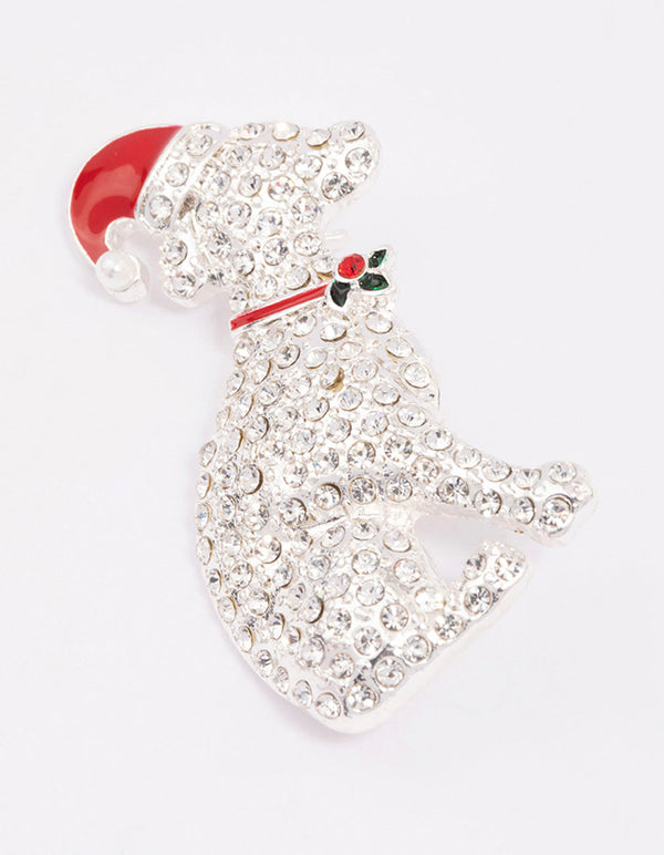 Silver Diamante Dog & Christmas Hat Brooch