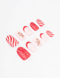 Pink Gingerbread & Red Striped Press On Nails - link has visual effect only