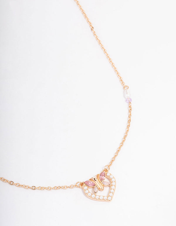 Gold Pearl Heart & Diamante Butterfly Necklace