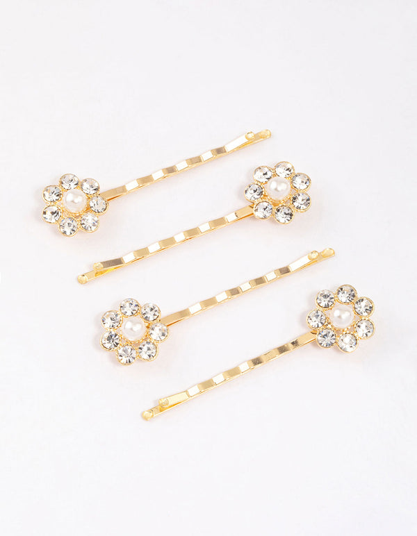 Gold Diamante & Pearl Hair Slides 4-Pack