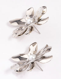 Rhodium Large Pearly Flower Stud Earrings - link has visual effect only