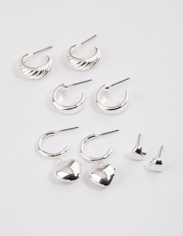 Silver Puffy Heart & Hoop Earrings 4-Pack