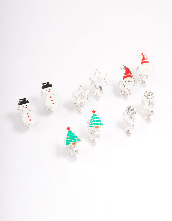 Kids Christmas Snowman Clip On Earrings 5-Pack