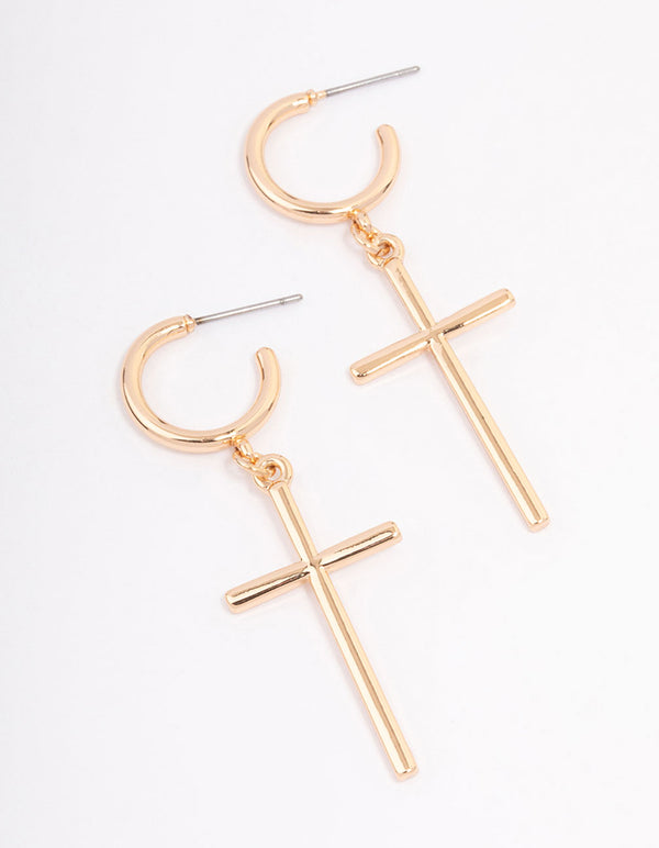 Gold Huggie Cross Pendant Earrings