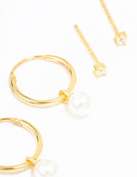 Gold Plated Sterling Silver Cubic Zirconia & Pearl Huggie Earring Pack - link has visual effect only