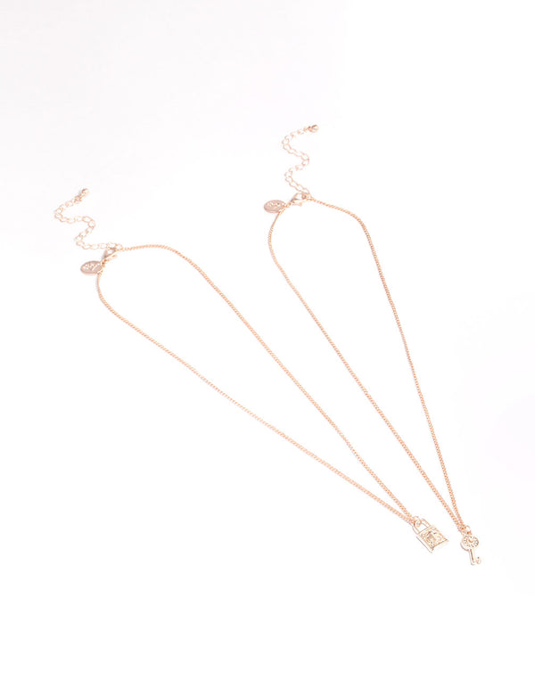 Rose Gold Diamante Lock & Key Necklace Pack